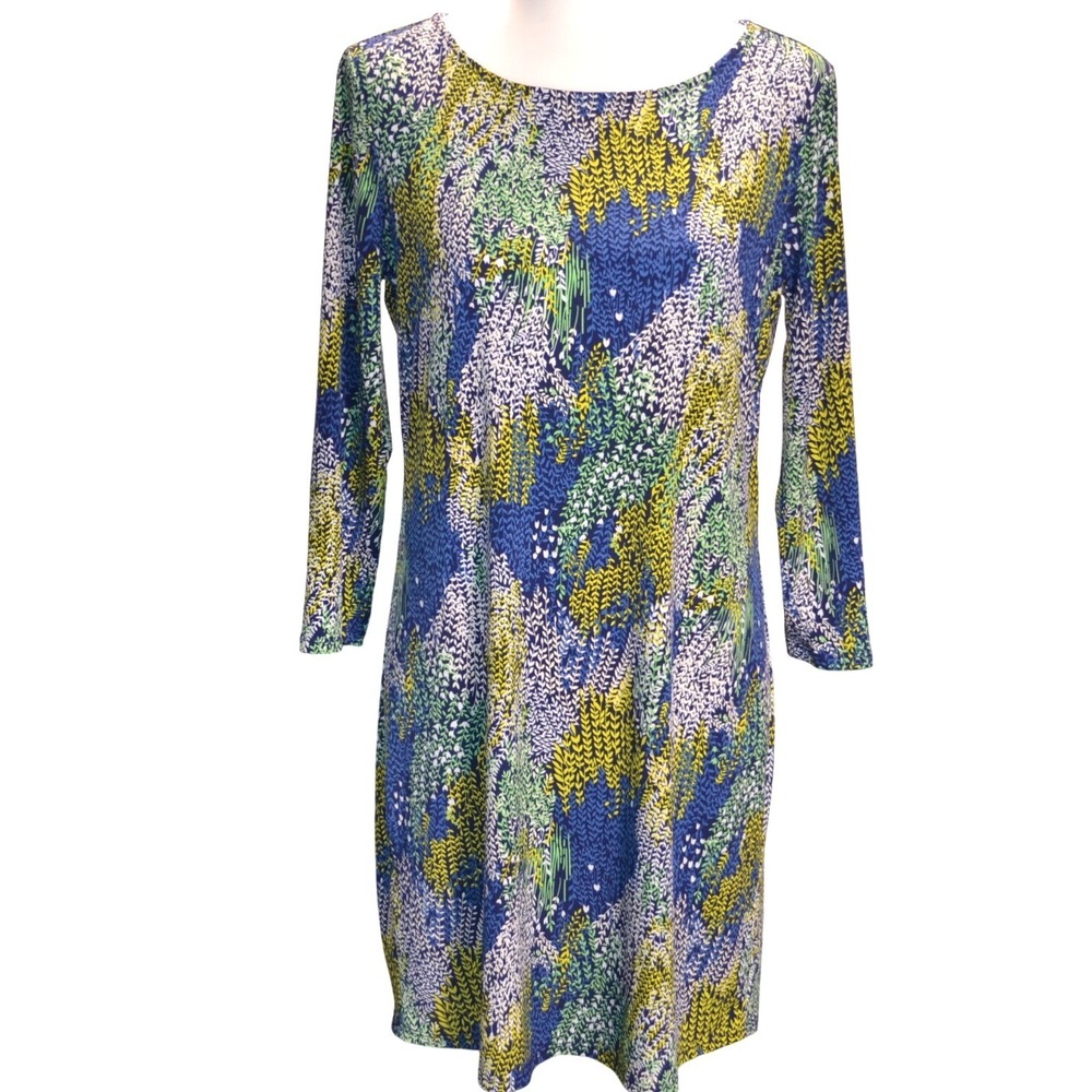 BCBGMAXAZRIA Shift Dress Womens S Blue Green Floral Leaf Print Long Sleeve Mini